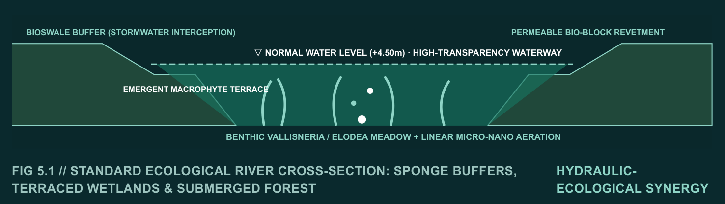 Brochure ecological river cross-section: bioswale, terraced wetland, permeable revetment and submerged planting.